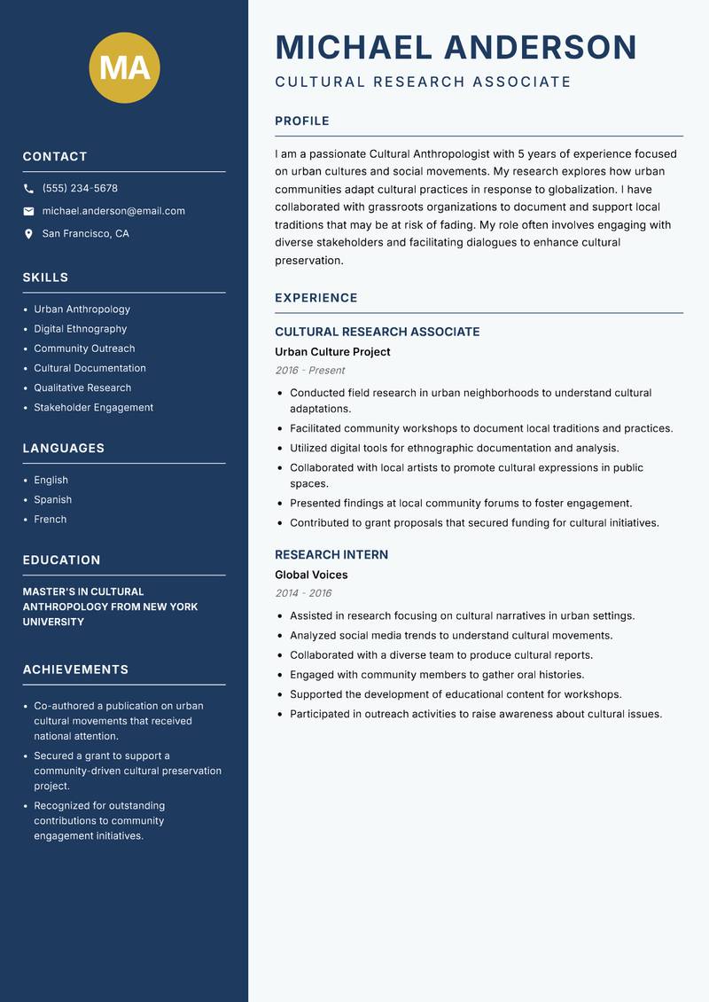 Cultural Anthropologist resume sample — Cultural Research Associate focus