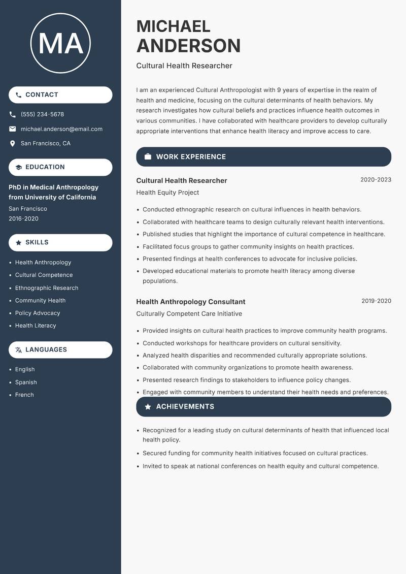 Cultural Anthropologist resume sample — Cultural Health Researcher focus