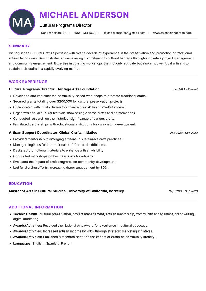 Cultural Crafts Specialist resume example
