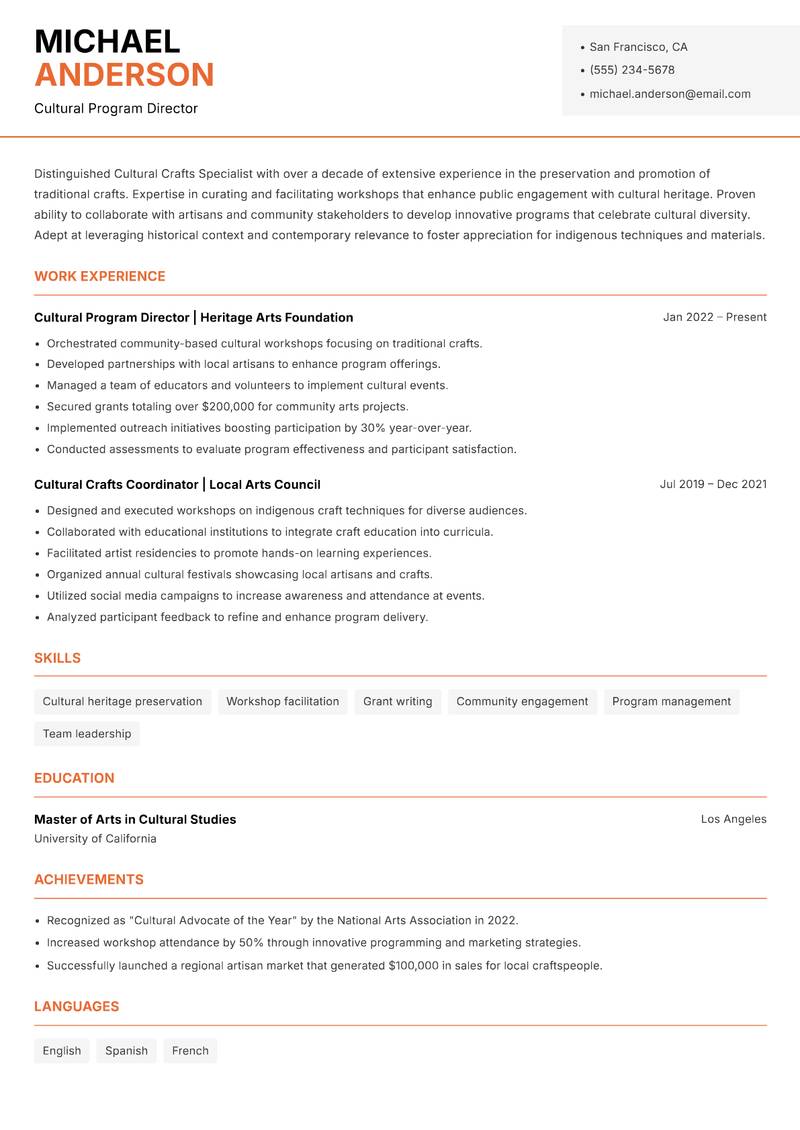 Cultural Crafts Specialist resume sample — Cultural Program Director focus