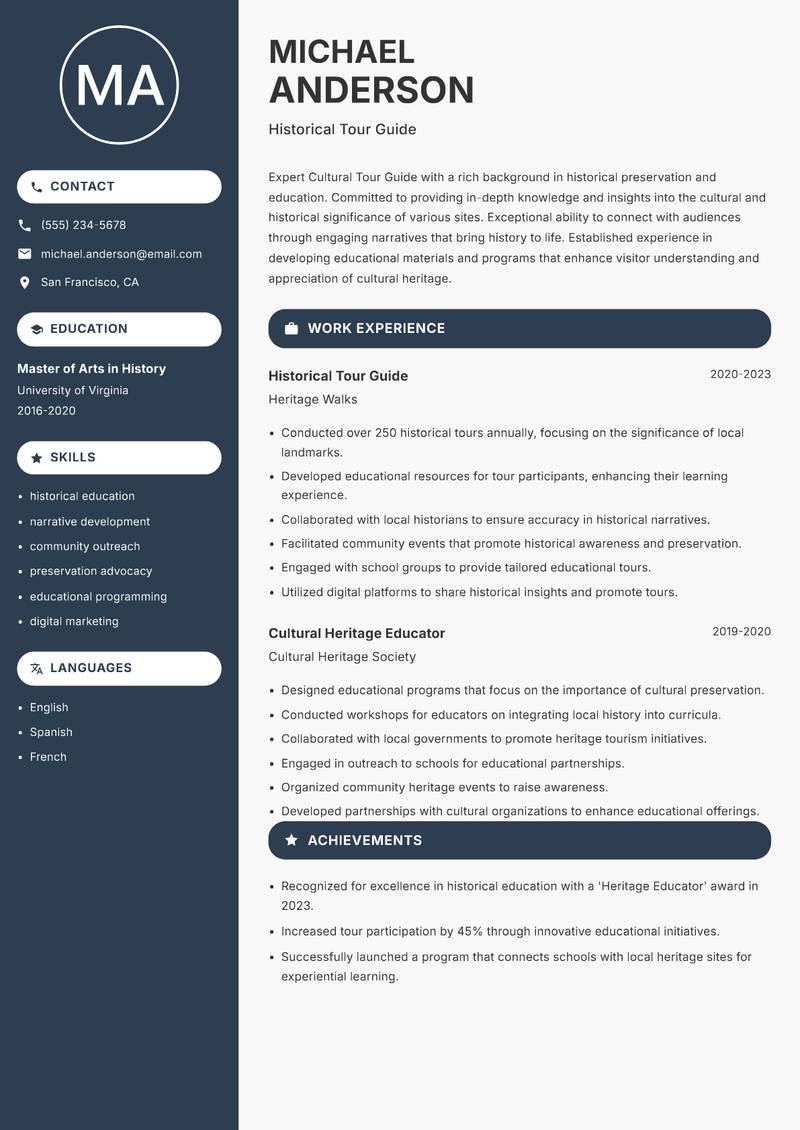 Cultural Tour Guide resume sample — Historical Tour Guide focus