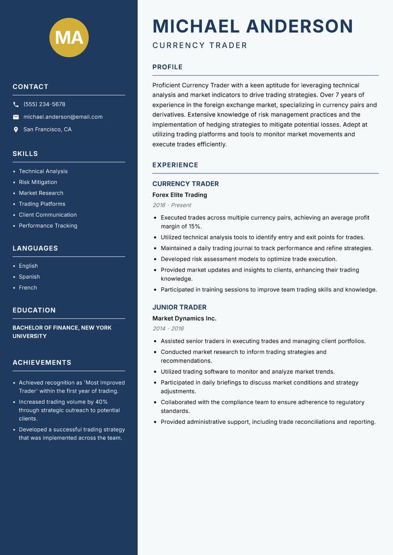 Currency Trader resume sample — Currency Trader focus