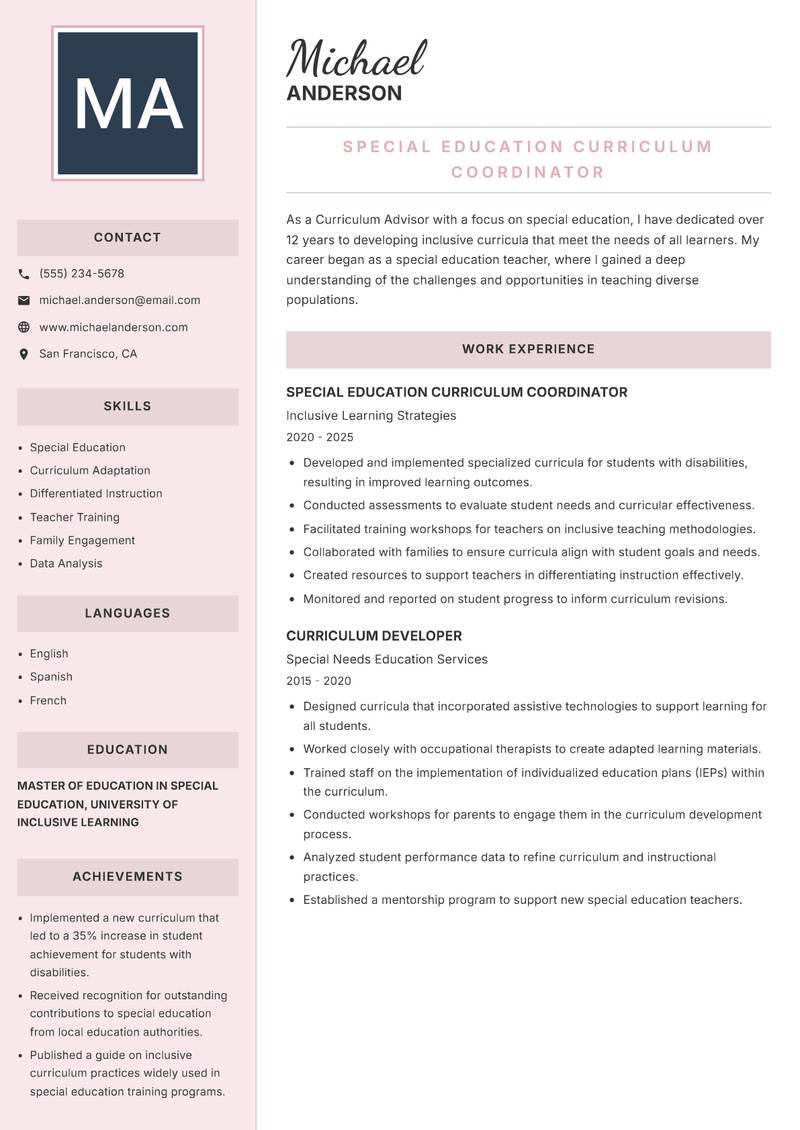 Curriculum Advisor resume sample — Special Education Curriculum Coordinator focus