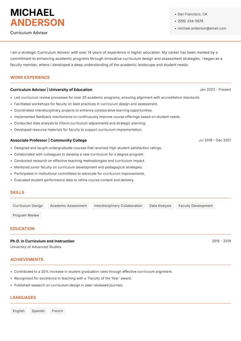 Curriculum Advisor resume sample — Curriculum Advisor focus