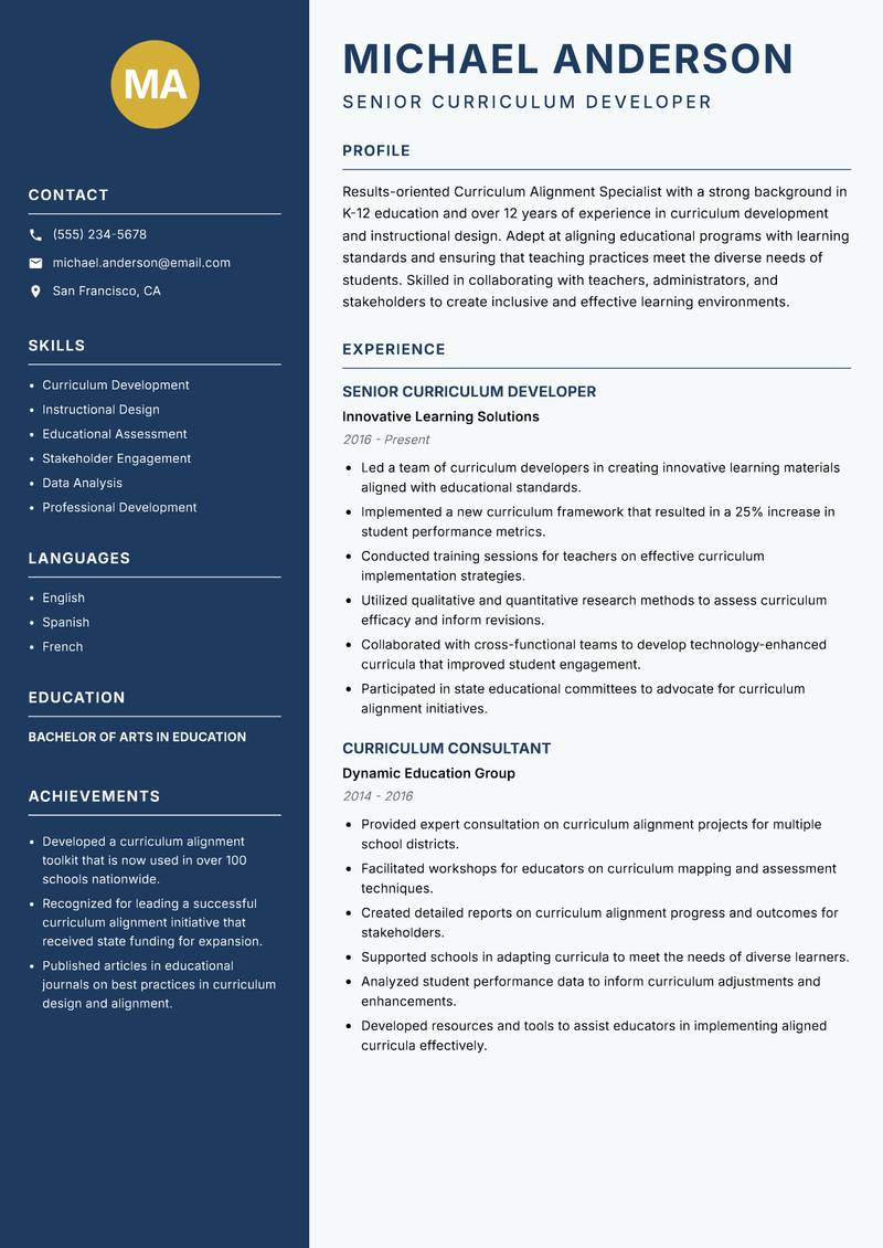 Curriculum Alignment Specialist resume sample — Senior Curriculum Developer focus
