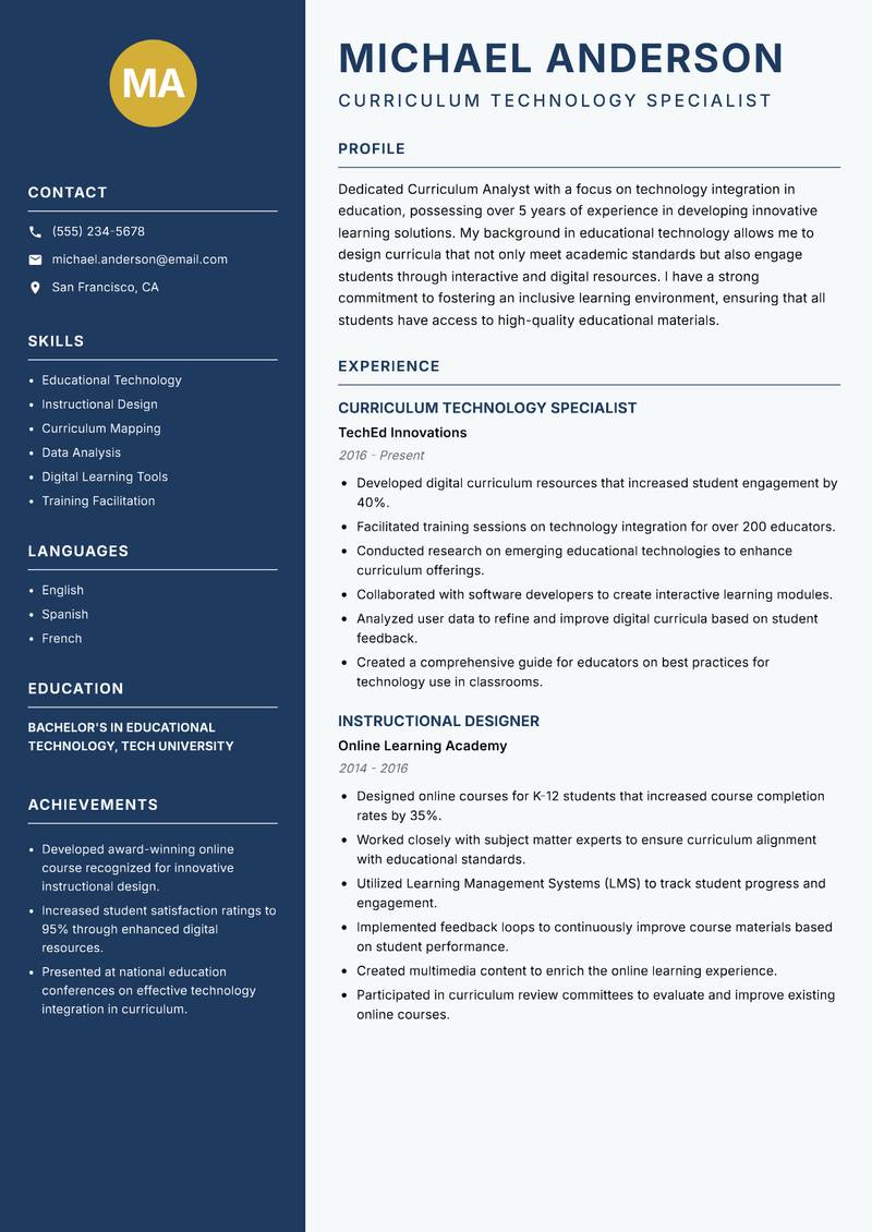Curriculum Analyst resume sample — Curriculum Technology Specialist focus