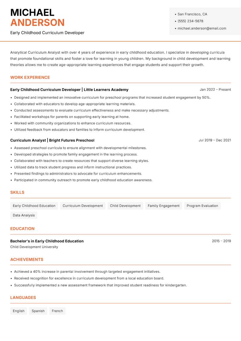 Curriculum Analyst resume sample — Early Childhood Curriculum Developer focus