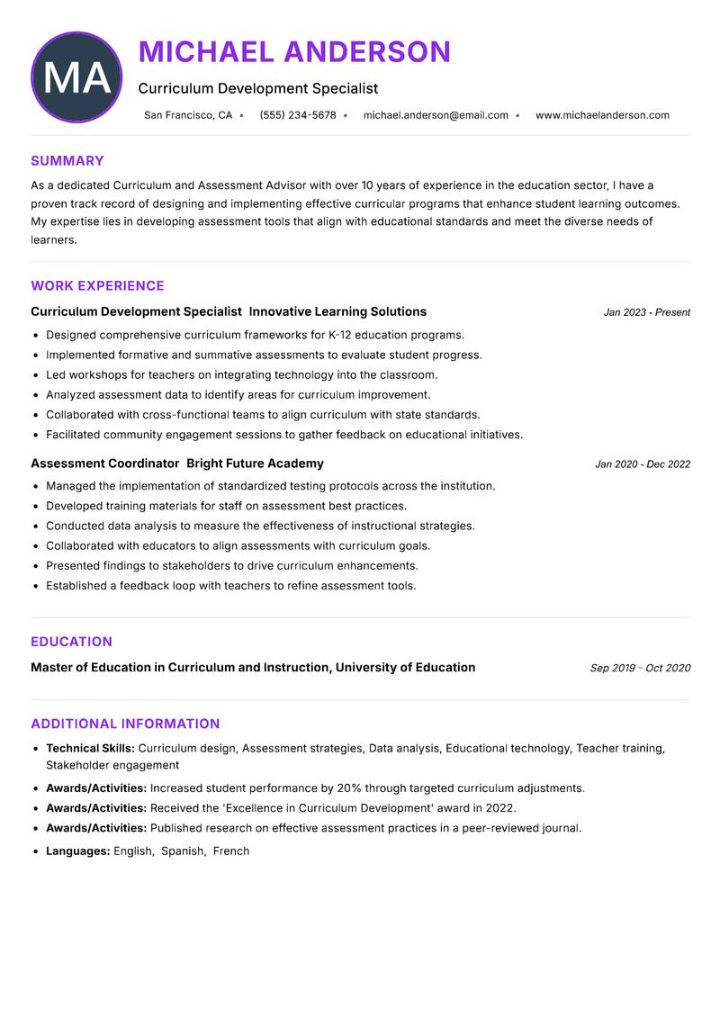 Curriculum and Assessment Advisor resume example