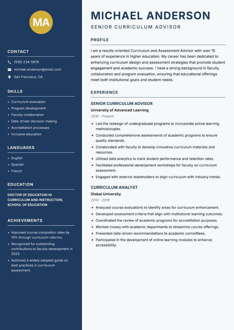 Curriculum and Assessment Advisor resume sample — Senior Curriculum Advisor focus
