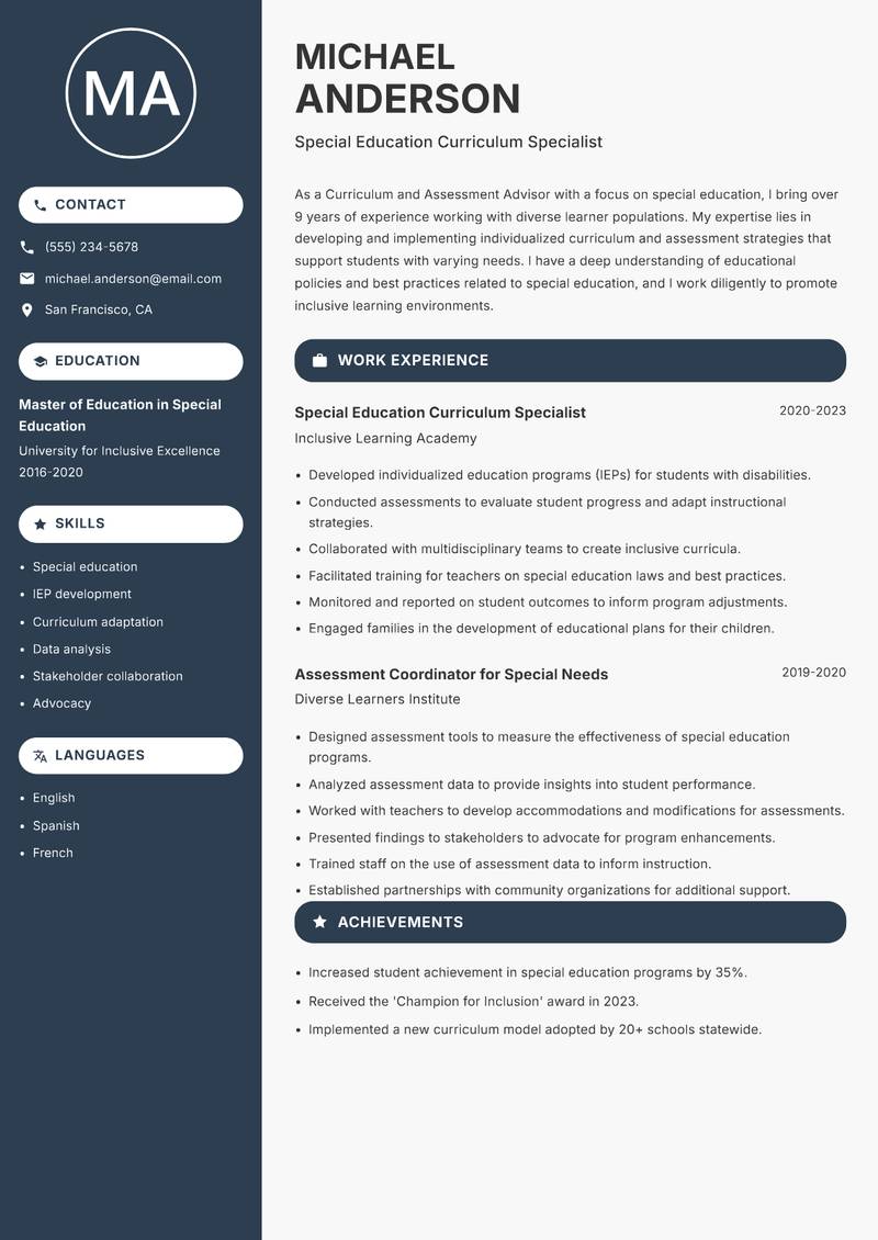 Curriculum and Assessment Advisor resume sample — Special Education Curriculum Specialist focus