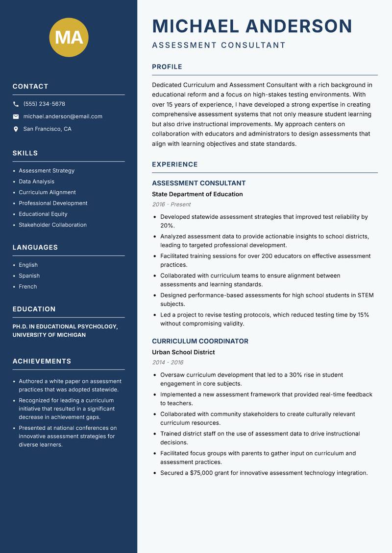 Curriculum and Assessment Consultant resume sample — Assessment Consultant focus