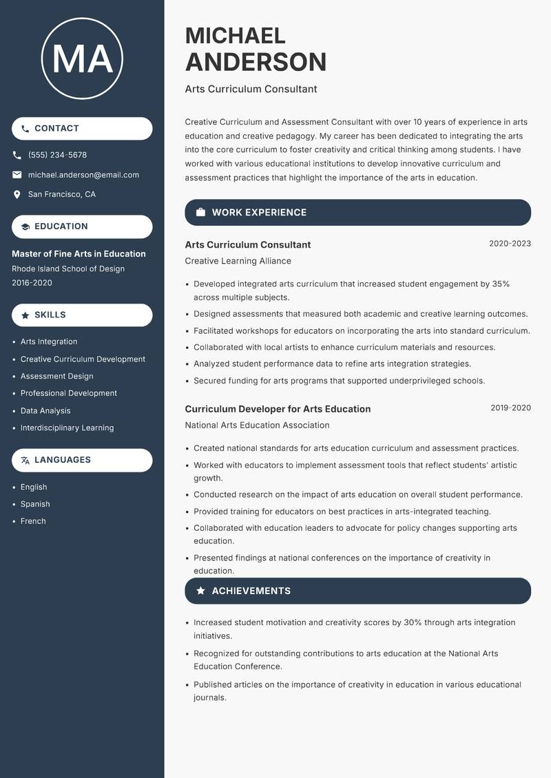 Curriculum and Assessment Consultant resume sample — Arts Curriculum Consultant focus
