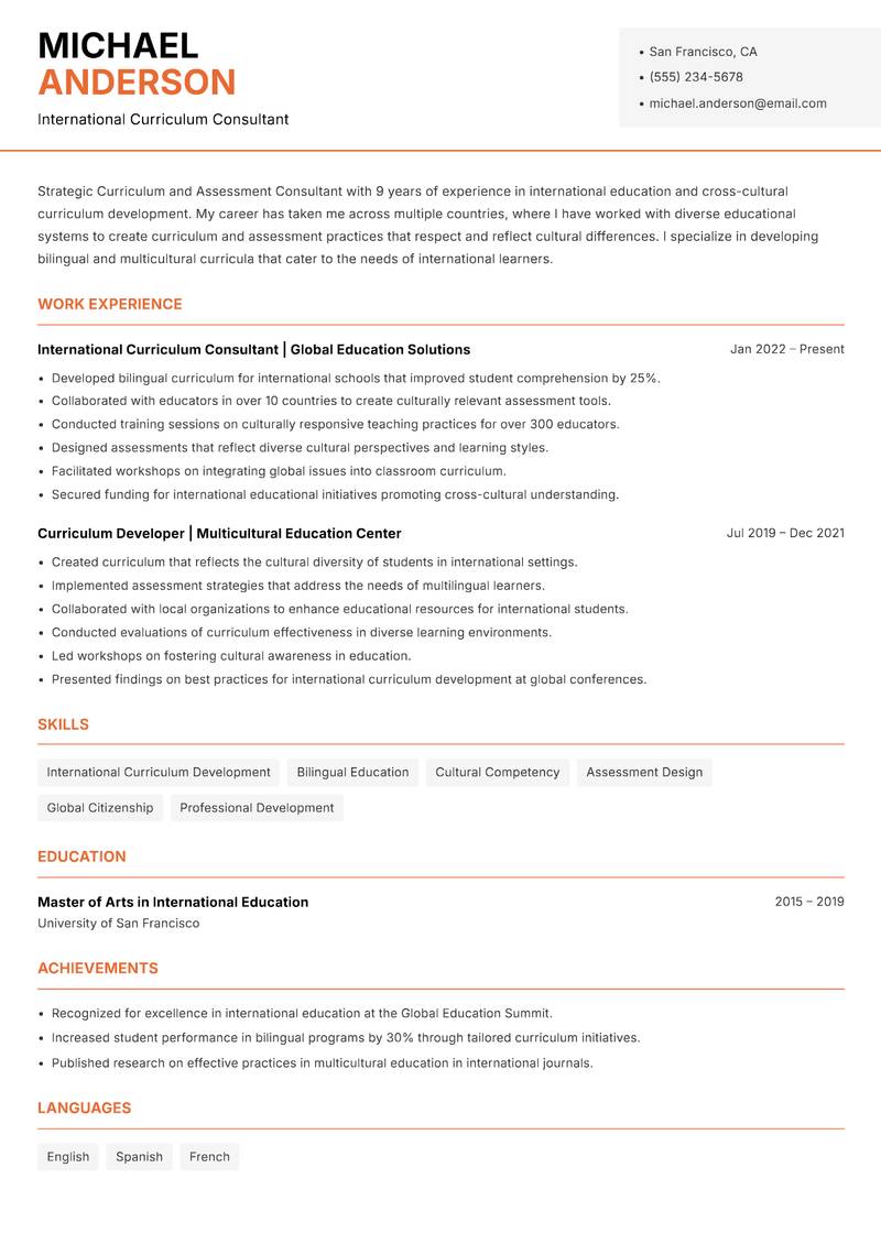 Curriculum and Assessment Consultant resume sample — International Curriculum Consultant focus