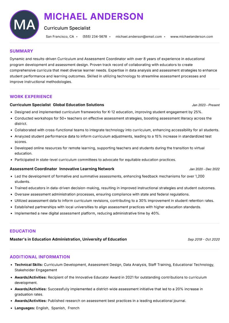Curriculum and Assessment Coordinator resume example