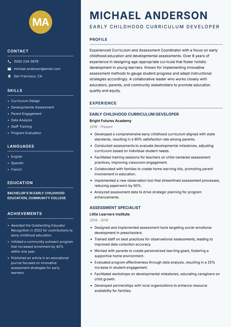 Curriculum and Assessment Coordinator resume sample — Early Childhood Curriculum Developer focus