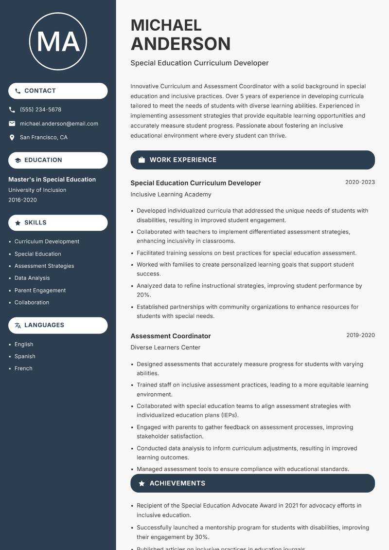 Curriculum and Assessment Coordinator resume sample — Special Education Curriculum Developer focus