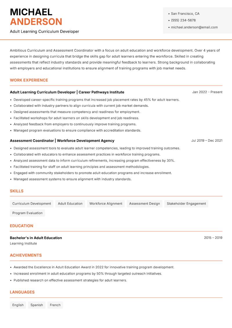 Curriculum and Assessment Coordinator resume sample — Adult Learning Curriculum Developer focus
