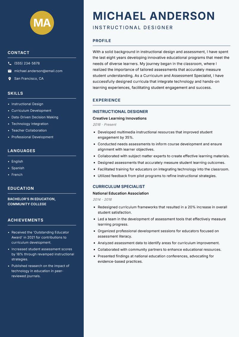 Curriculum and Assessment Specialist resume sample — Instructional Designer focus