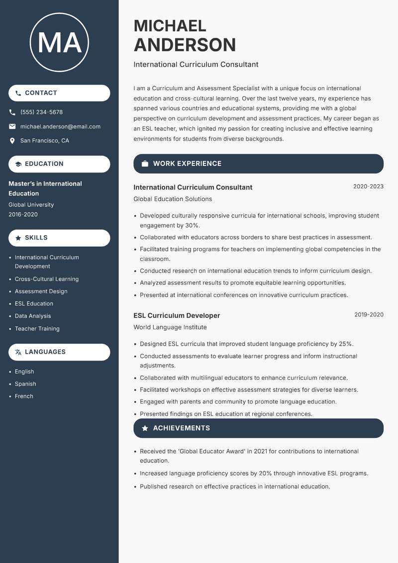 Curriculum and Assessment Specialist resume sample — International Curriculum Consultant focus