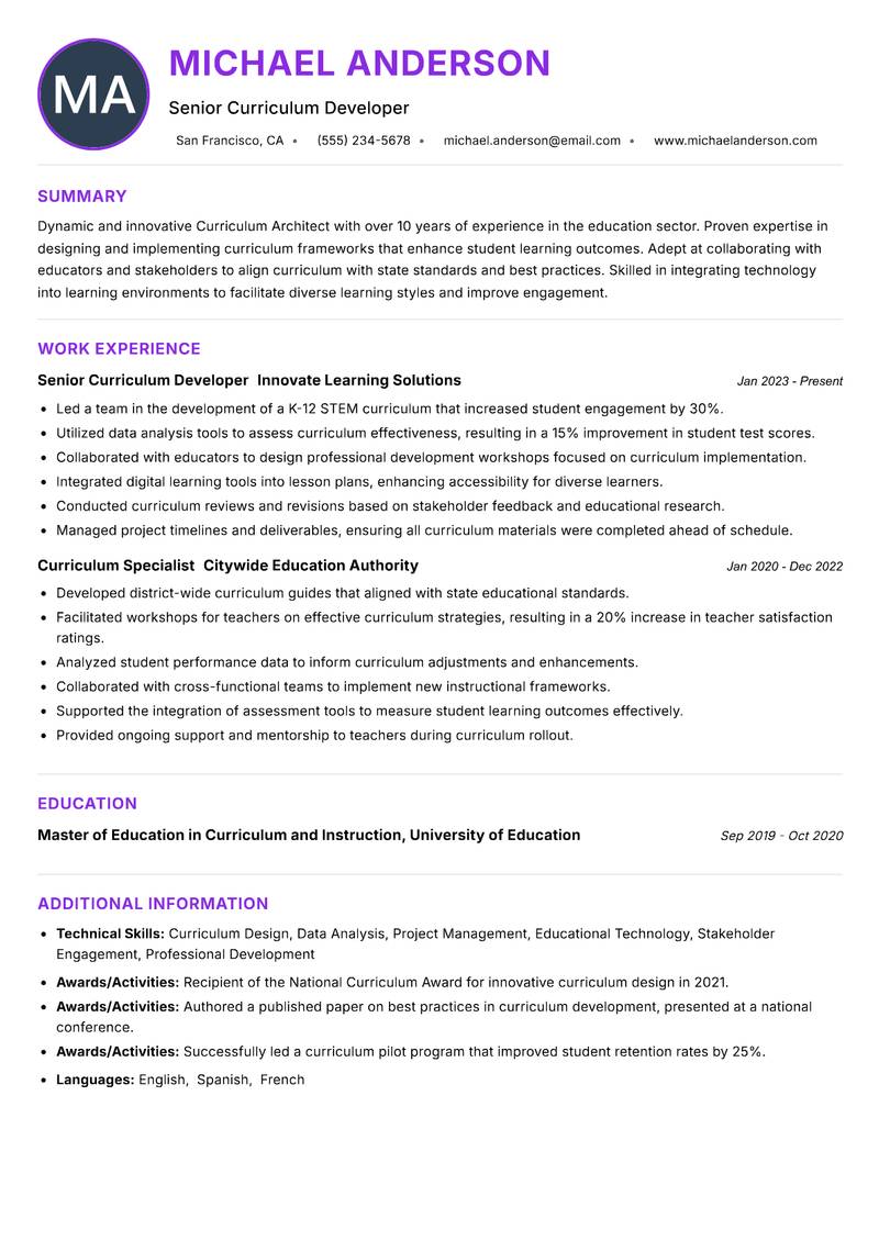 Curriculum Architect resume example