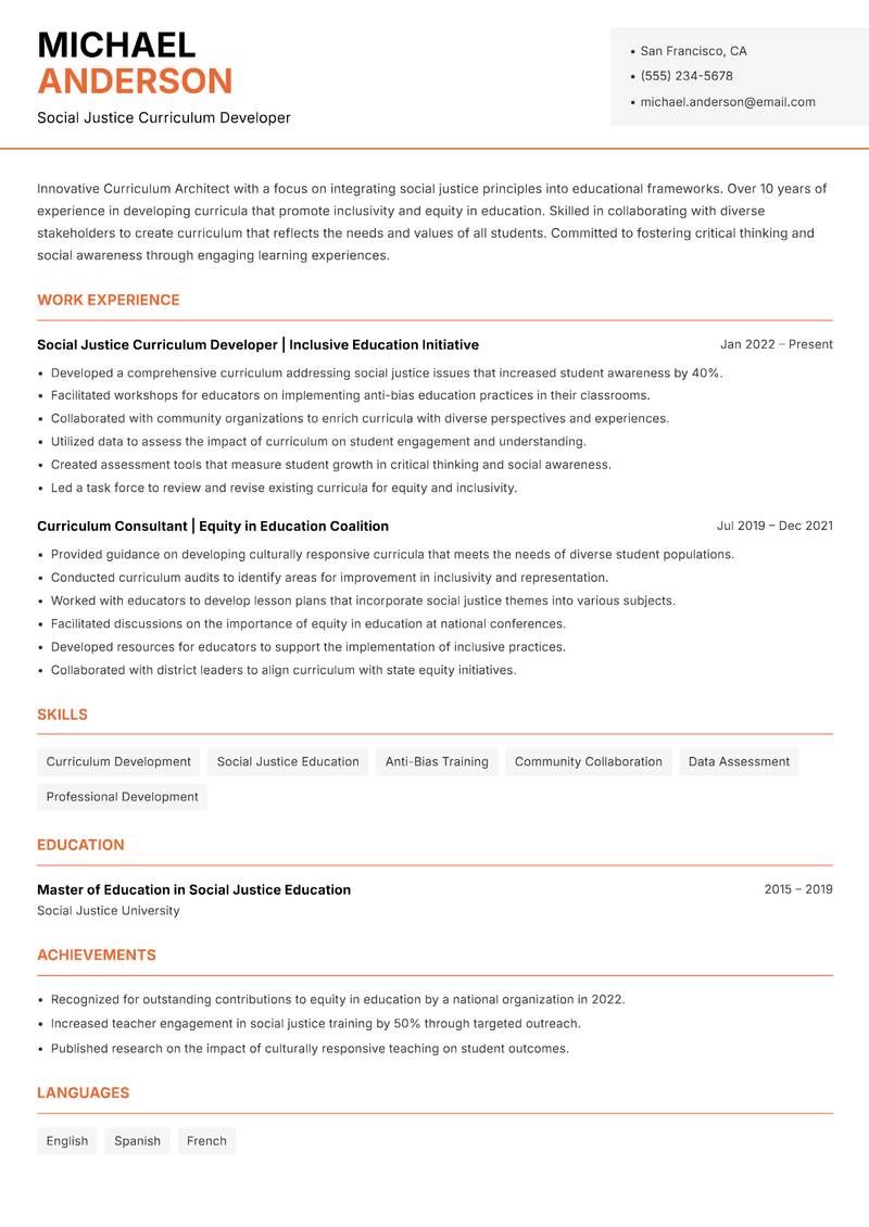 Curriculum Architect resume sample — Social Justice Curriculum Developer focus