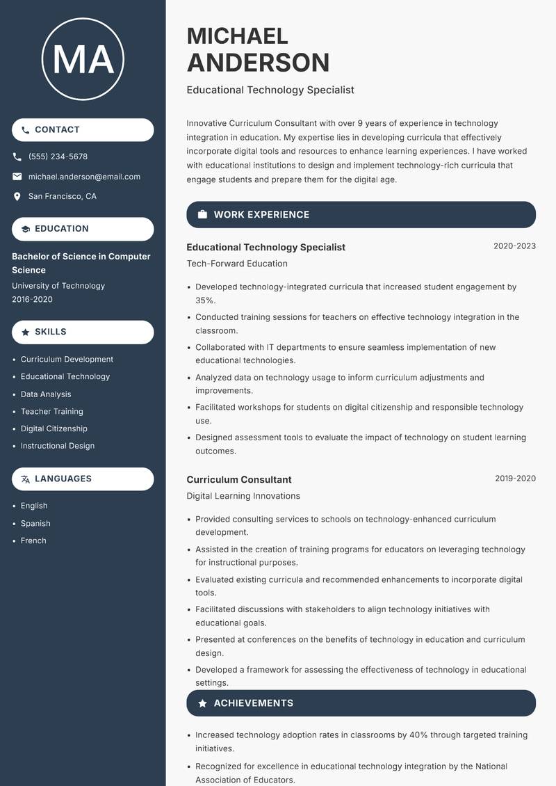 Curriculum Consultant resume sample — Educational Technology Specialist focus