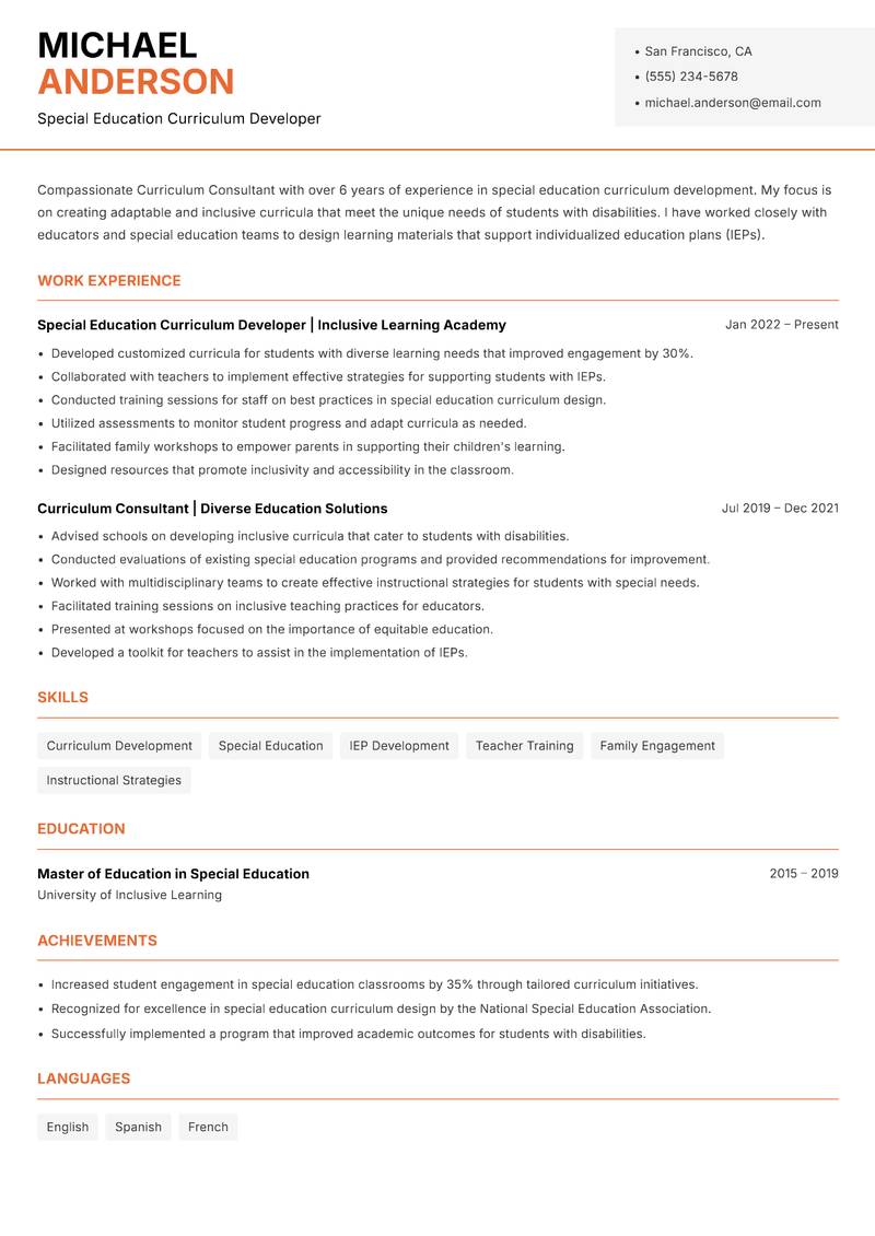 Curriculum Consultant resume sample — Special Education Curriculum Developer focus