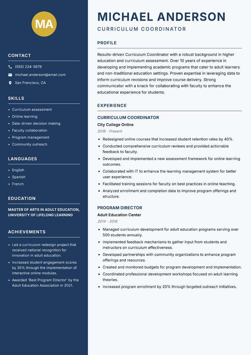 Curriculum Coordinator resume sample — Curriculum Coordinator focus
