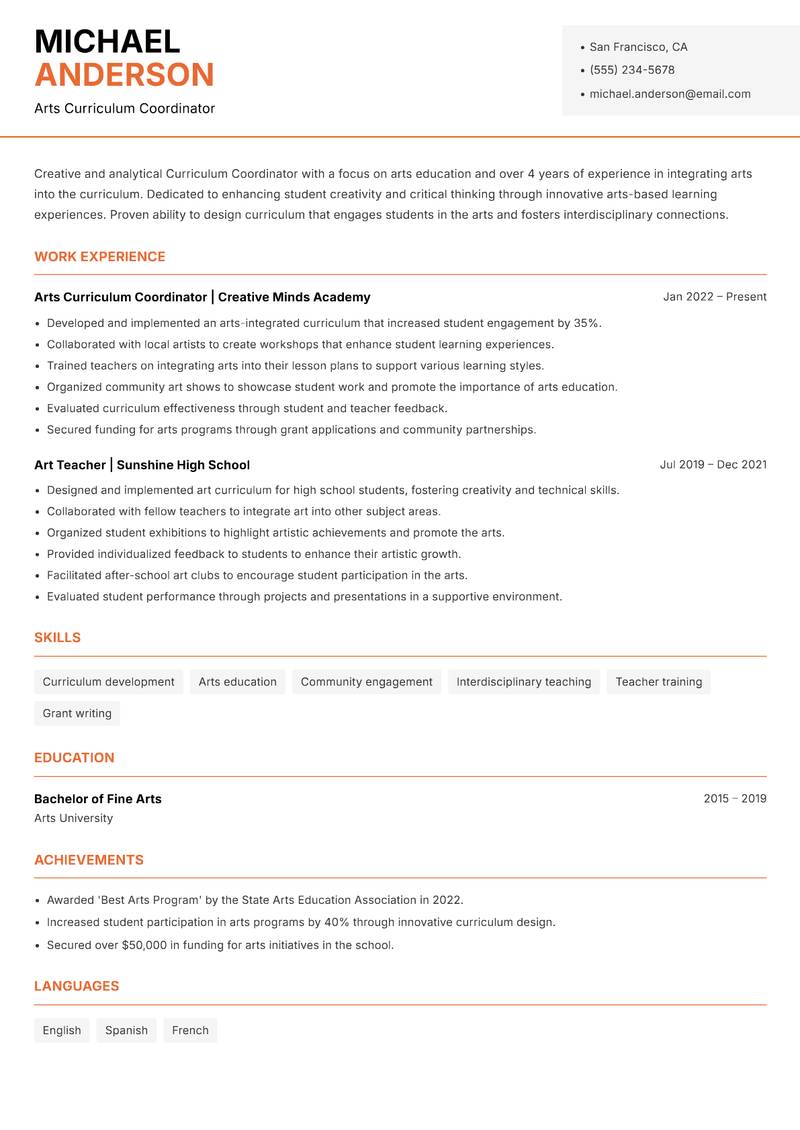 Curriculum Coordinator resume sample — Arts Curriculum Coordinator focus