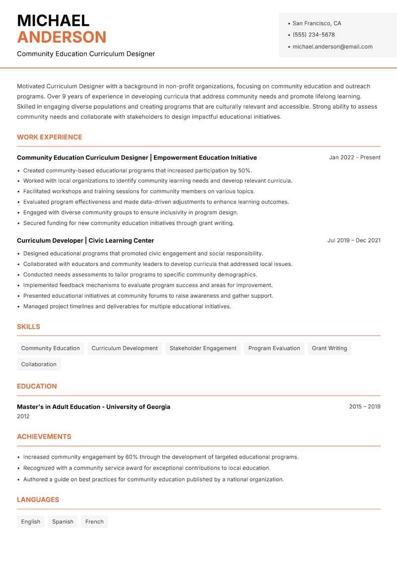 Curriculum Designer resume sample — Community Education Curriculum Designer focus