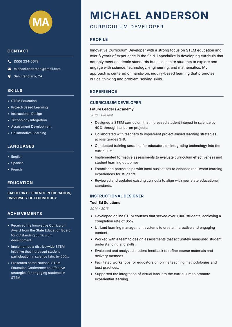 Curriculum Developer resume sample — Curriculum Developer focus
