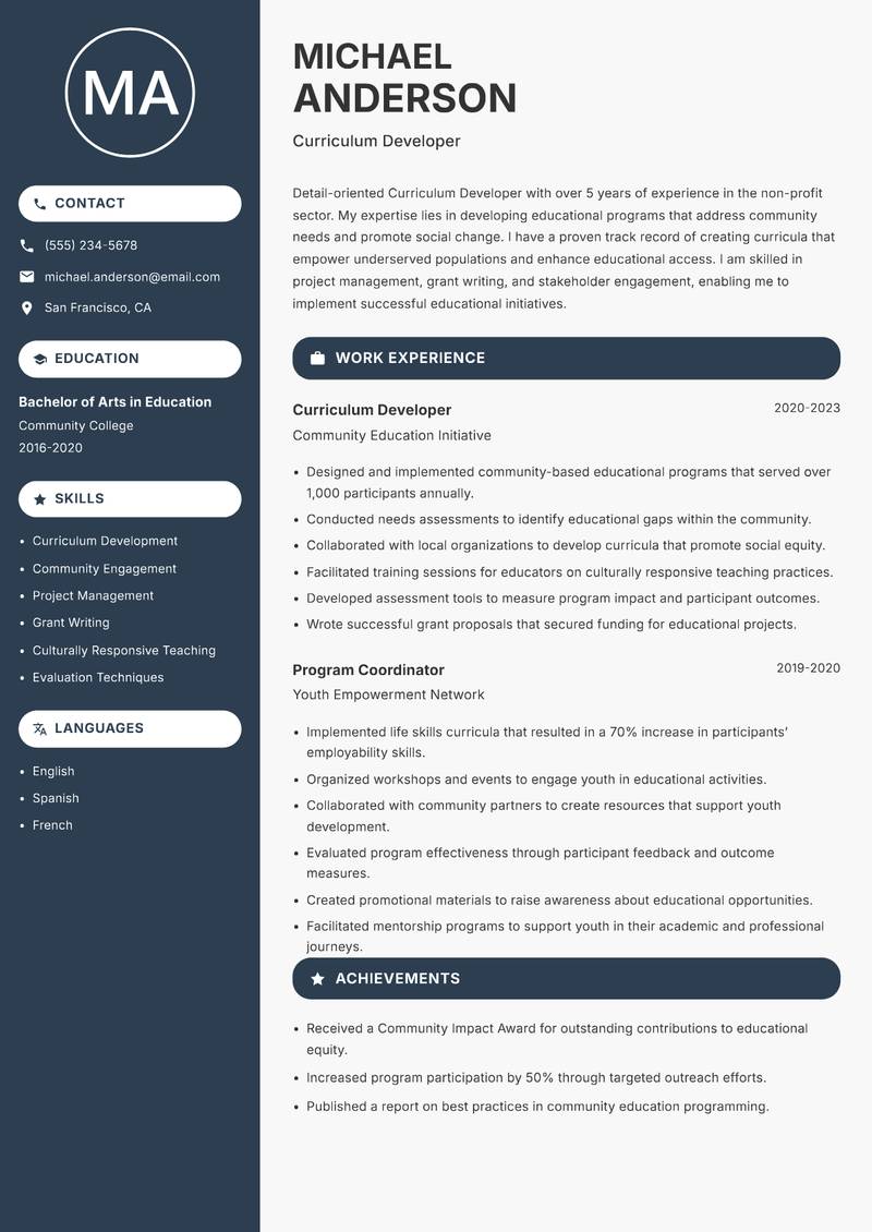 Curriculum Developer resume sample — Curriculum Developer focus
