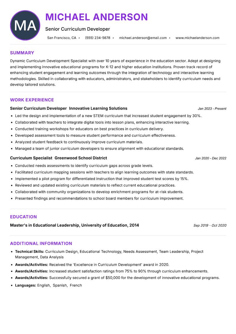 Curriculum Development Specialist resume example