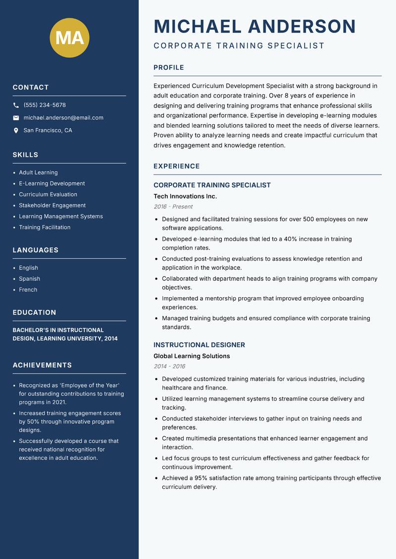 Curriculum Development Specialist resume sample — Corporate Training Specialist focus