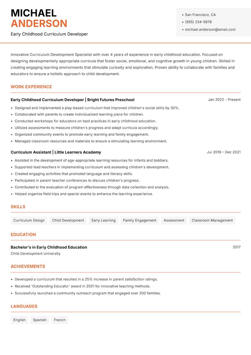 Curriculum Development Specialist resume sample — Early Childhood Curriculum Developer focus