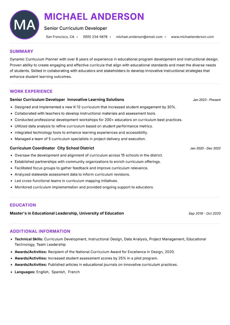 Curriculum Planner resume example