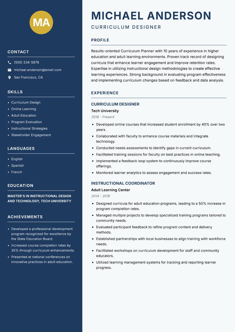Curriculum Planner resume sample — Curriculum Designer focus