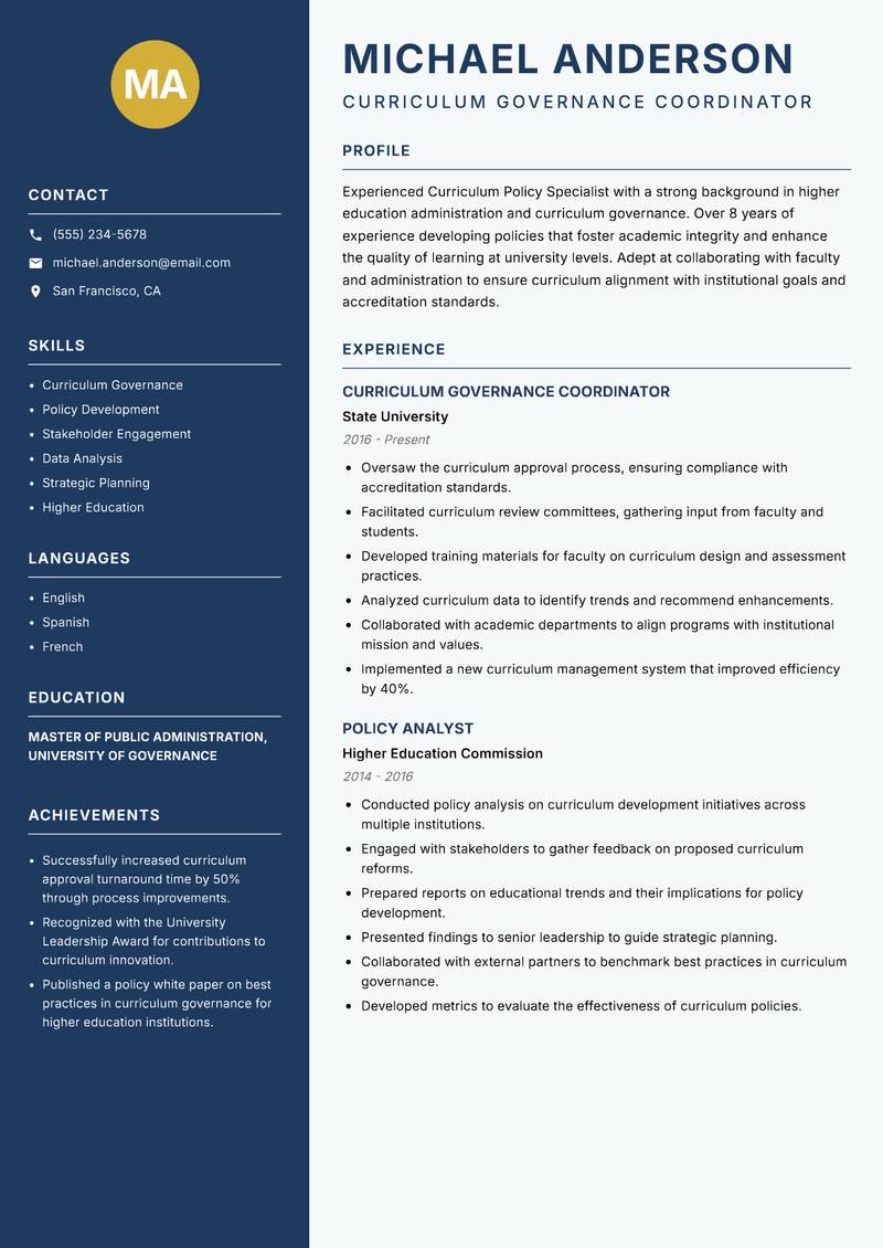 Curriculum Policy Specialist resume sample — Curriculum Governance Coordinator focus