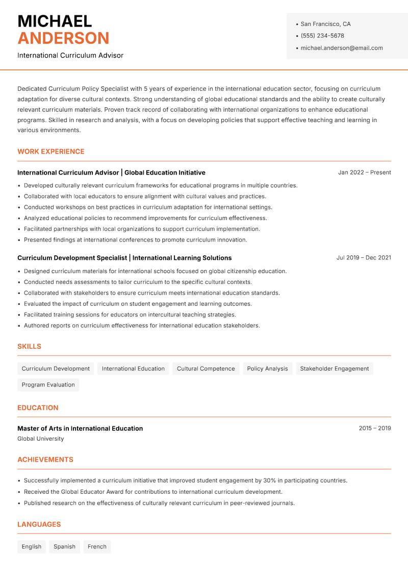Curriculum Policy Specialist resume sample — International Curriculum Advisor focus