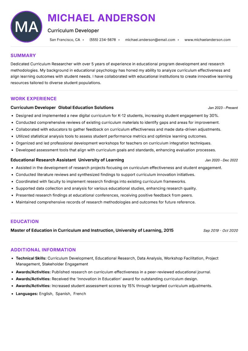 Curriculum Researcher resume example