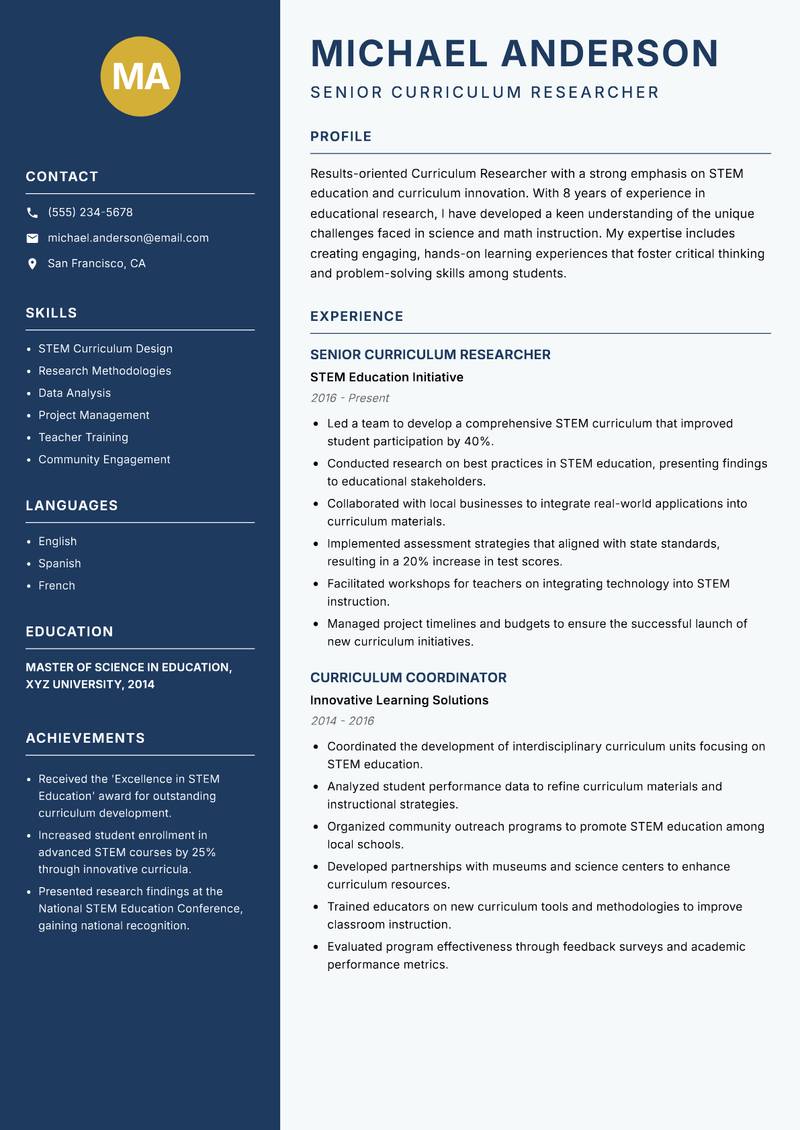 Curriculum Researcher resume sample — Senior Curriculum Researcher focus