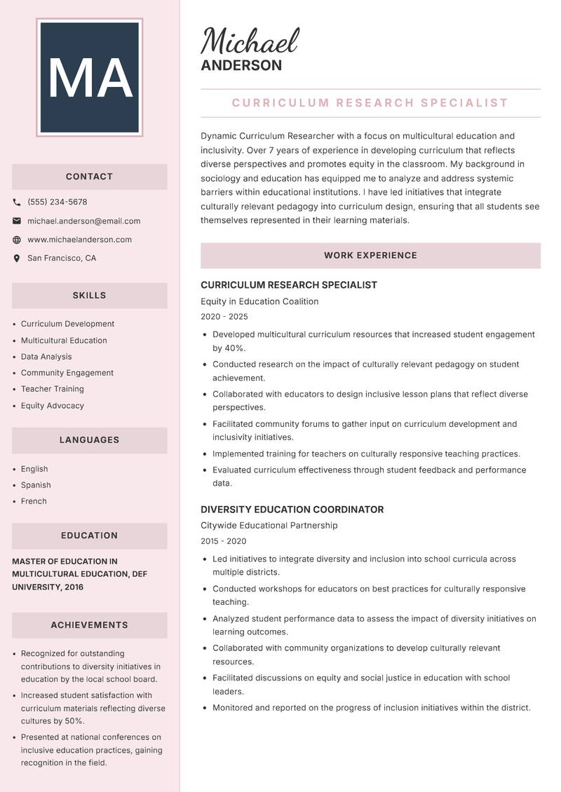 Curriculum Researcher resume sample — Curriculum Research Specialist focus