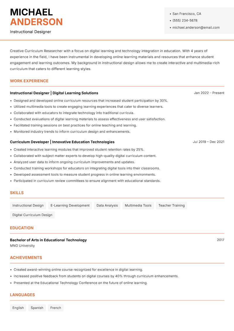 Curriculum Researcher resume sample — Instructional Designer focus