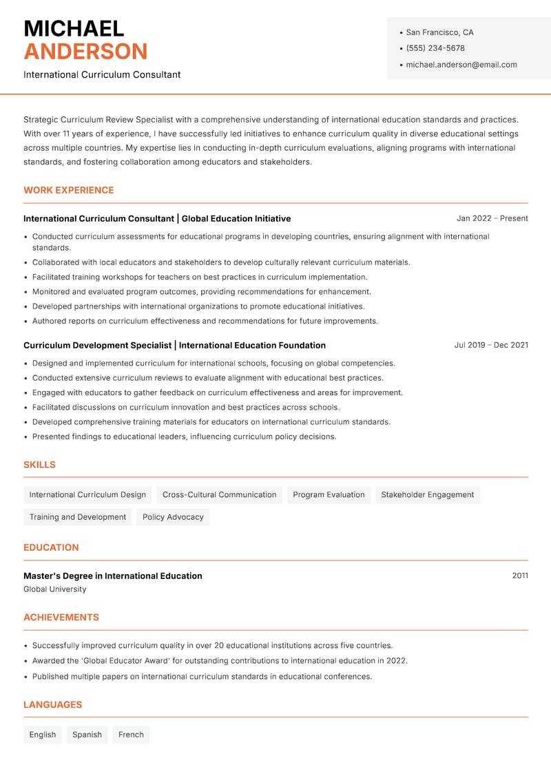Curriculum Review Specialist resume sample — International Curriculum Consultant focus