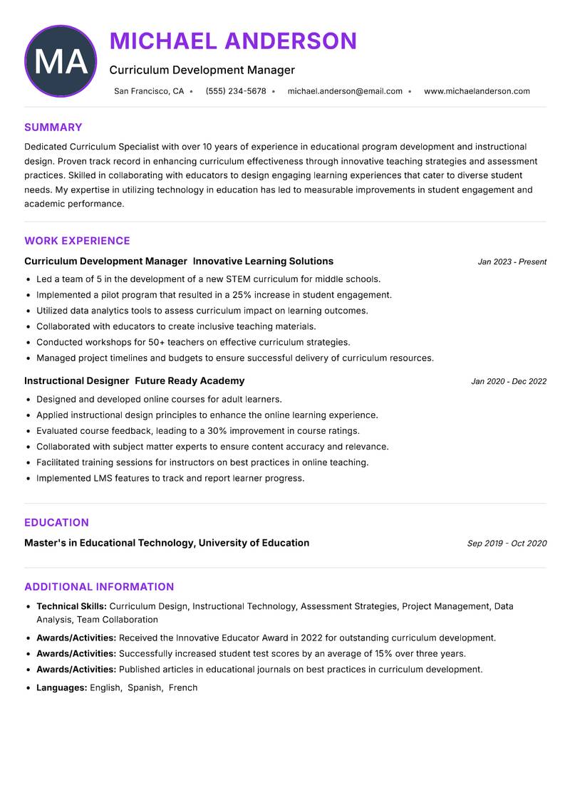 Curriculum Specialist resume example