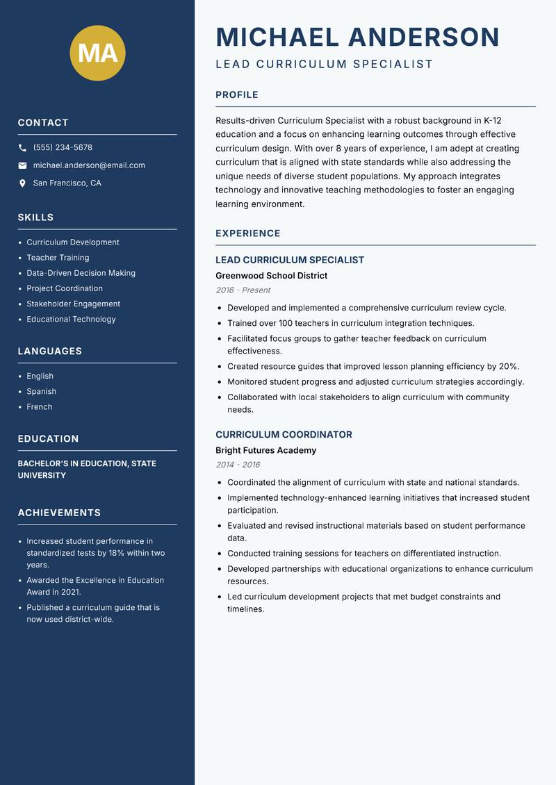 Curriculum Specialist resume sample — Lead Curriculum Specialist focus