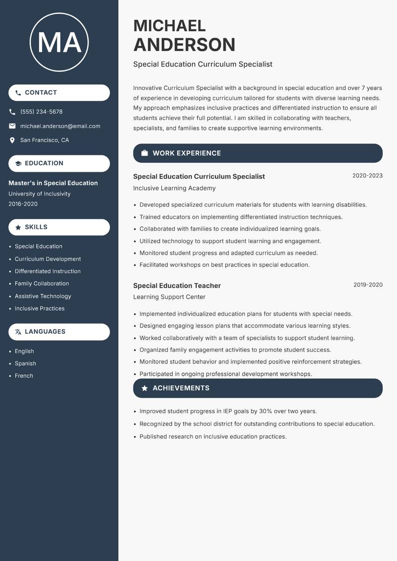 Curriculum Specialist resume sample — Special Education Curriculum Specialist focus