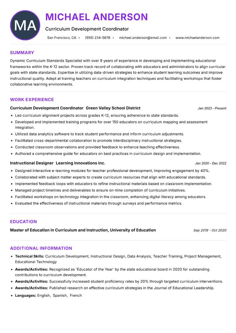 Curriculum Standards Specialist resume example