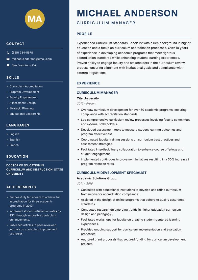 Curriculum Standards Specialist resume sample — Curriculum Manager focus