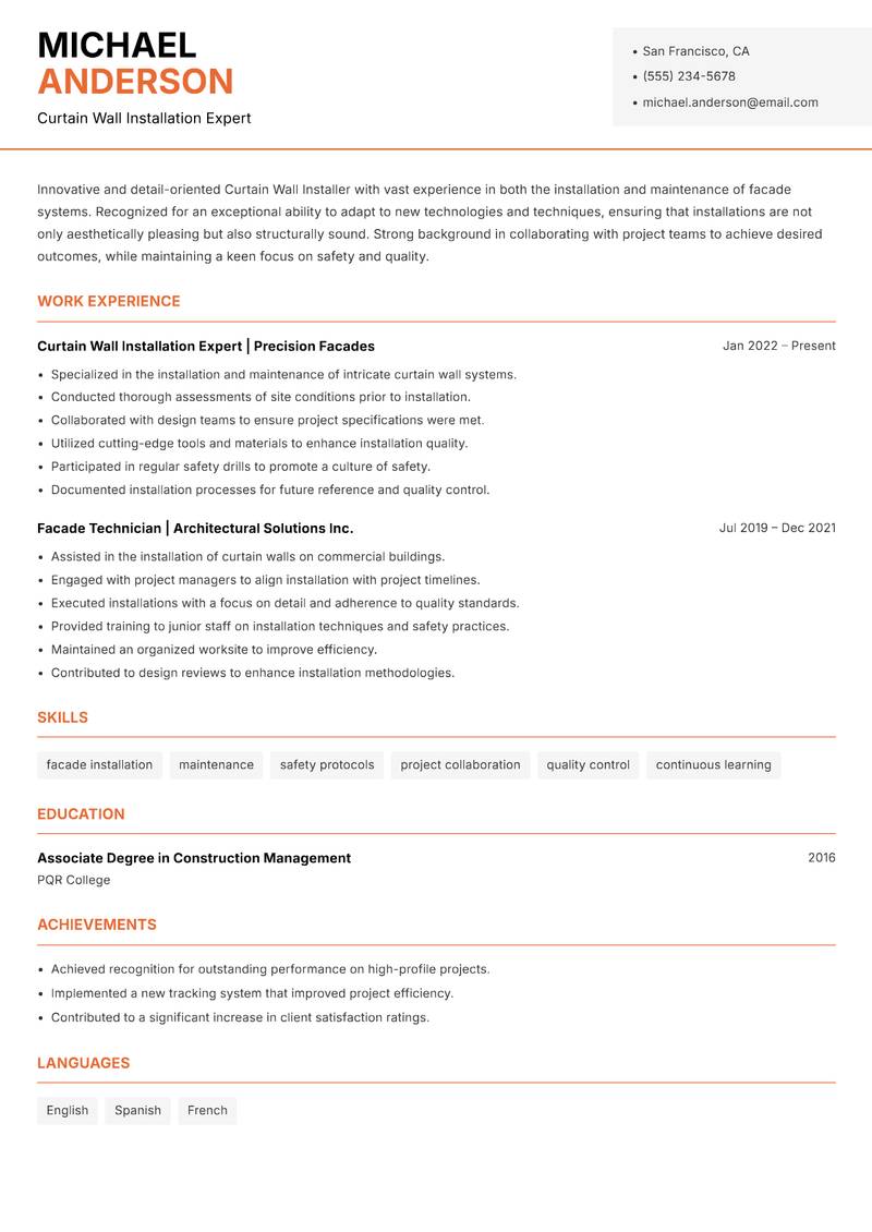Curtain Wall Installer resume sample — Curtain Wall Installation Expert focus